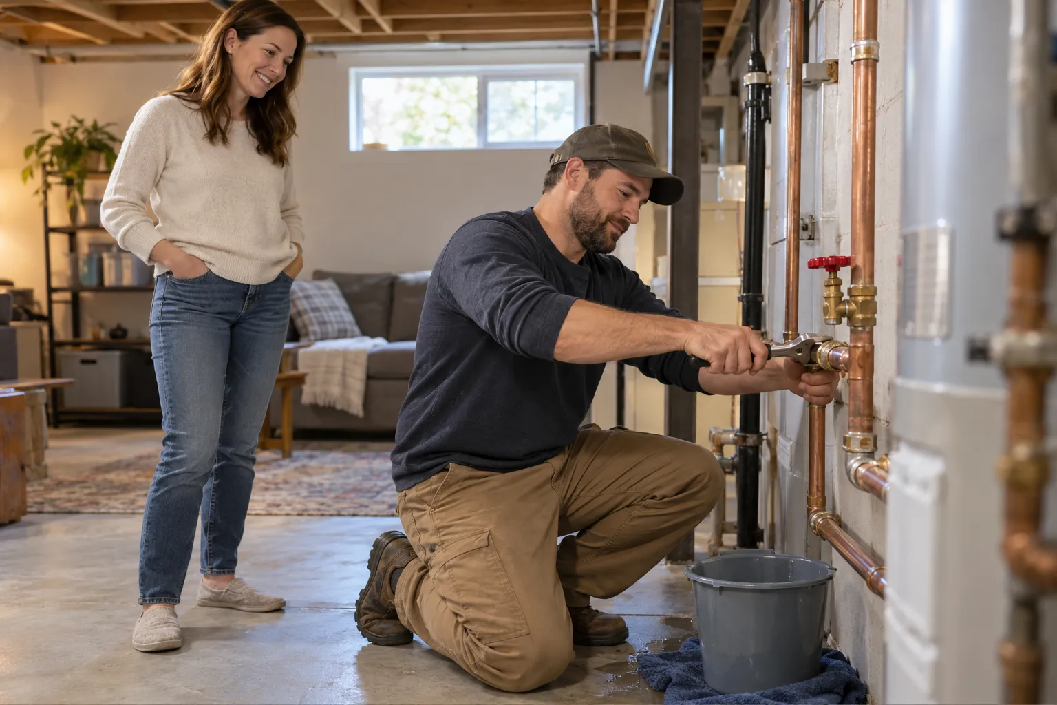 Local plumber repairing a burst pipe in a Aurora home basement