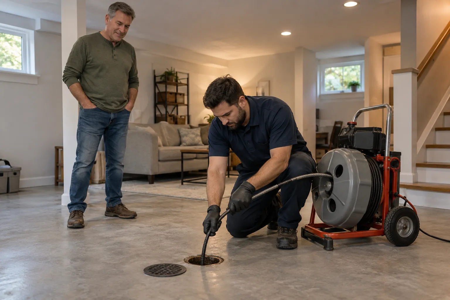 Plumber clearing a basement floor drain in a the Aurora area home
